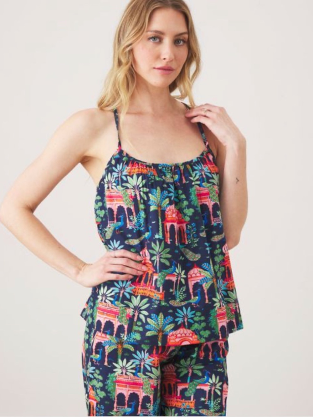 Peacock Palace - Cami Cropped Set - Deep Navy - Printfresh